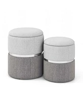 Costway Linen Fabric Storage Ottoman Set of 2 Modern Round Ottoman with Storage for Bedroom
