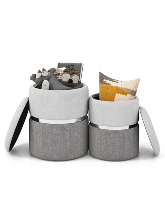 Costway Linen Fabric Storage Ottoman Set of 2 Modern Round Ottoman with Storage for Bedroom