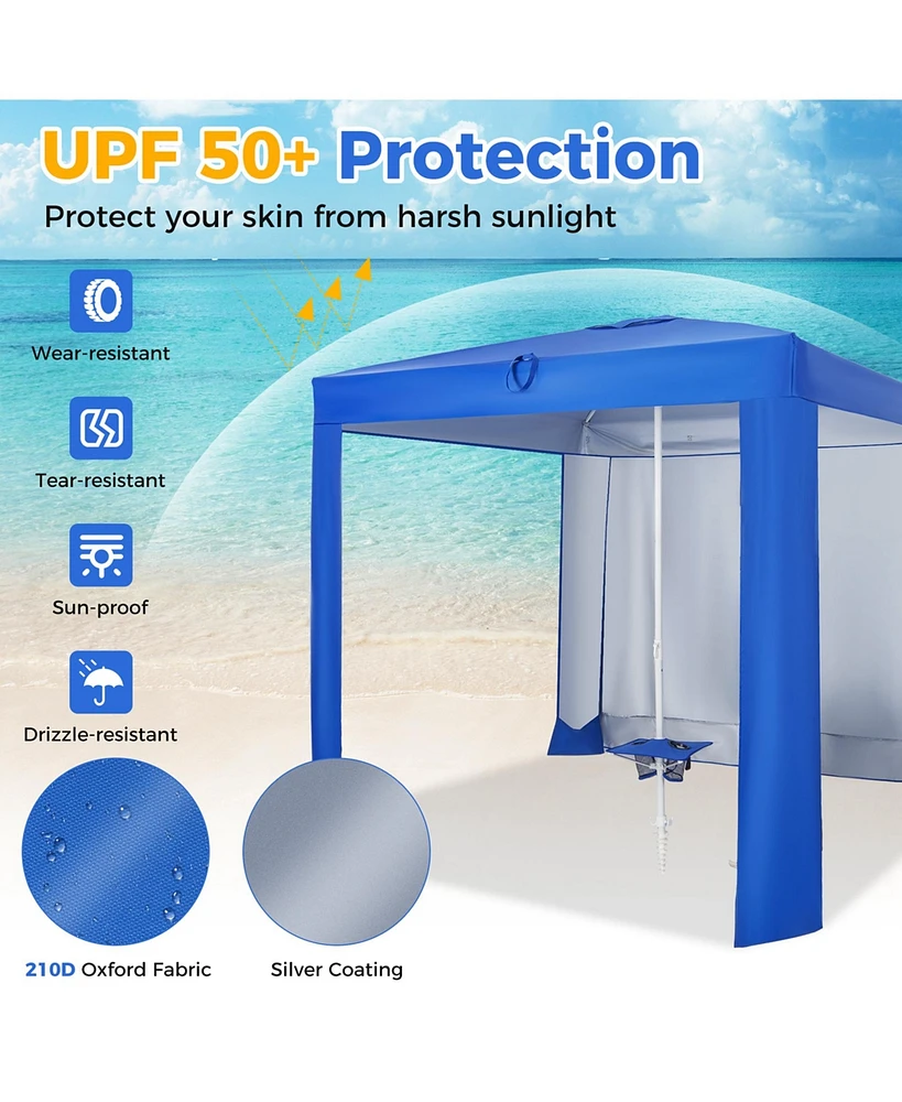 Costway Upf 50+ Beach Tent 6.6ft x 6.6ft Beach Cabana with Folding Table, 5 Sandbags