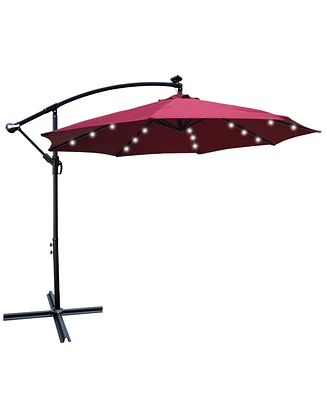 10ft Led Solar Patio Umbrella with Crank and Cross Base