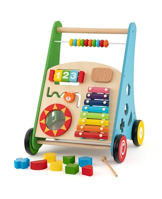 Toddler Push Walker with Burr-Free Handle and Built-In Activity Center for Learning