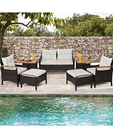 7PCS Patio Rattan Furniture Set Cushion Armrest Loveseat Ottoman Table