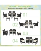 8PCS Patio Rattan Furniture Set Sofas Ottomans Cushioned Table Free Combination