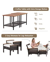 7PCS Patio Rattan Furniture Set Cushioned Loveseat Sofa Ottoman Table