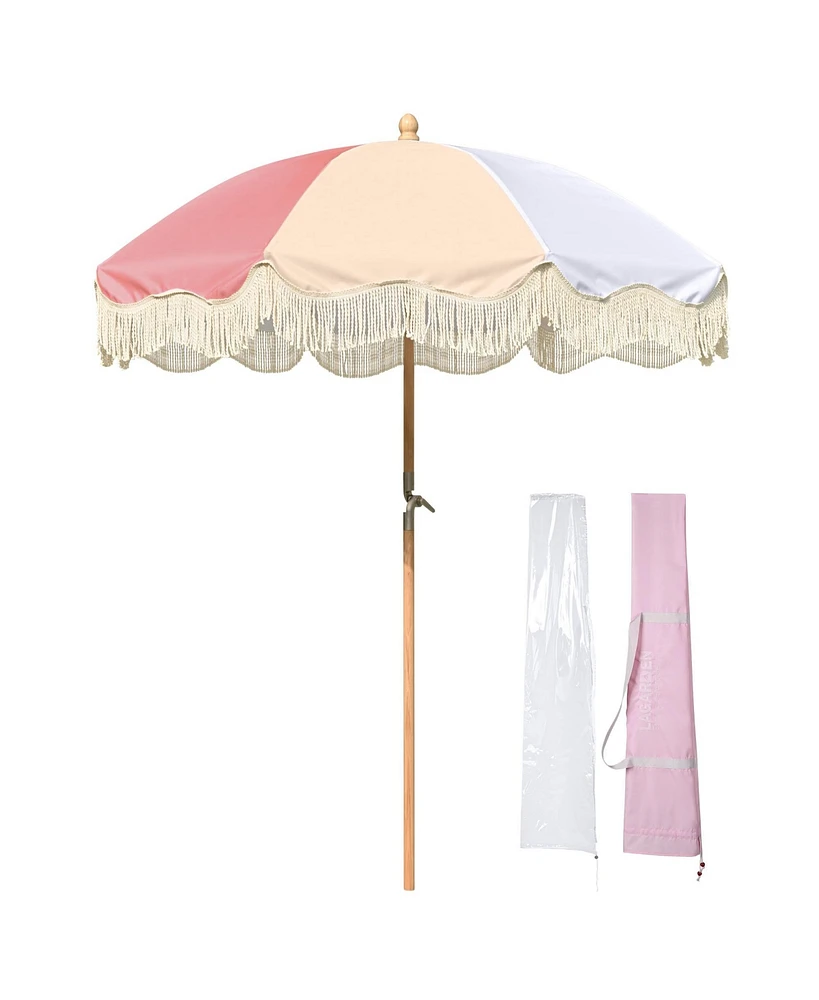 LAGarden 6Ft Fringe Patio Umbrella with Tassels & Carry Bag 50 / 60s Vintage Style Umbrella Wood Pink,Model: PS6-12