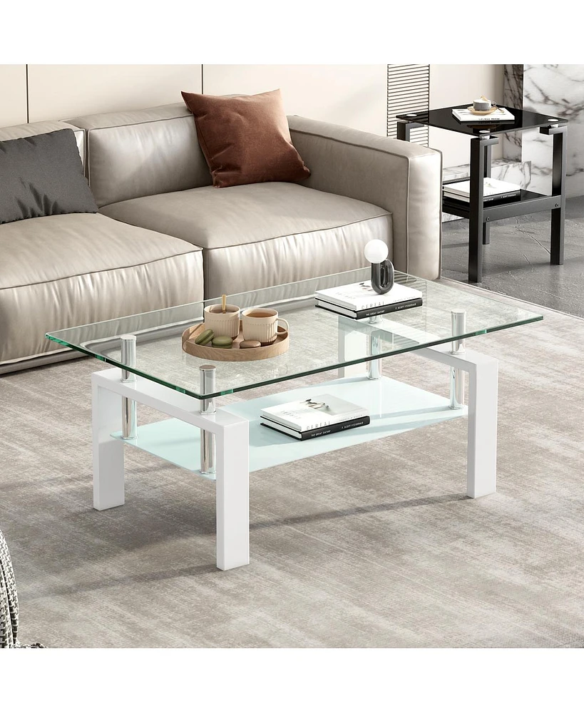 Tempered Clear Glass Coffee Table, 2Layers Coffee Table Living Room Center Table