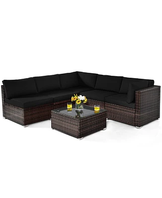 6PCS Patio Rattan Furniture Set Cushioned Sofa Coffee Table Garden