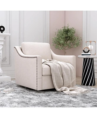 Swivel Armchair in Cotton Linen with Brass Accents
