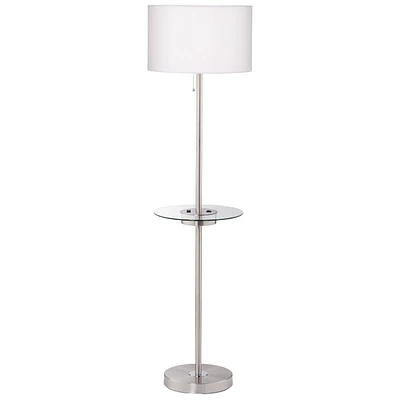 Caper Modern Floor Lamp with Tray Usb and Ac Power Outlet on Table Glass 60.5" Tall Satin Nickel White Fabric Drum Shade for Living Room Reading