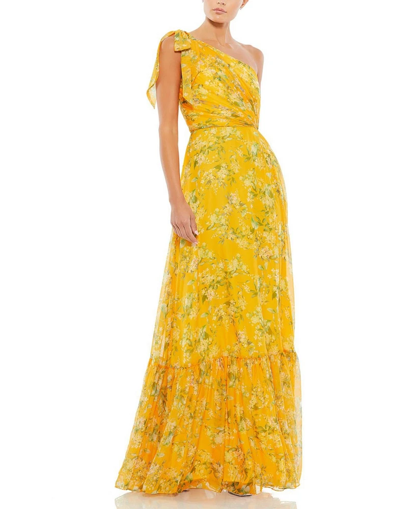 Mac Duggal Women's Ieena Floral One Shoulder Bow Maxi Dress