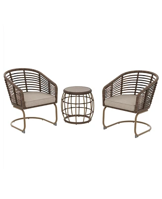 Mondawe 3-Piece Wicker Patio Conversation Set Outdoor Spring Chairs and Side Table for Gazebo with Brown Cushion