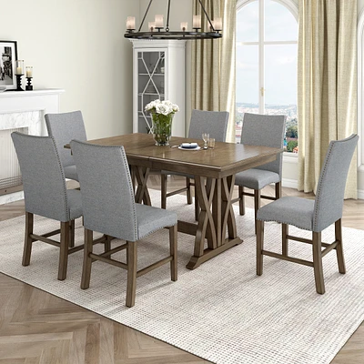 Mid-Century Solid Wood 7-Piece Dining Table Set Extendable Kitchen Table Set