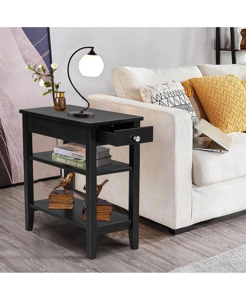 Side Table with Drawer and 2 Open Shelves, Compact End for Small Spaces