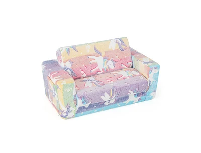 2-in-1 Flip Out Kids Sofa Chair with Detachable Flannel Fabric Cover and Glowing Patterns