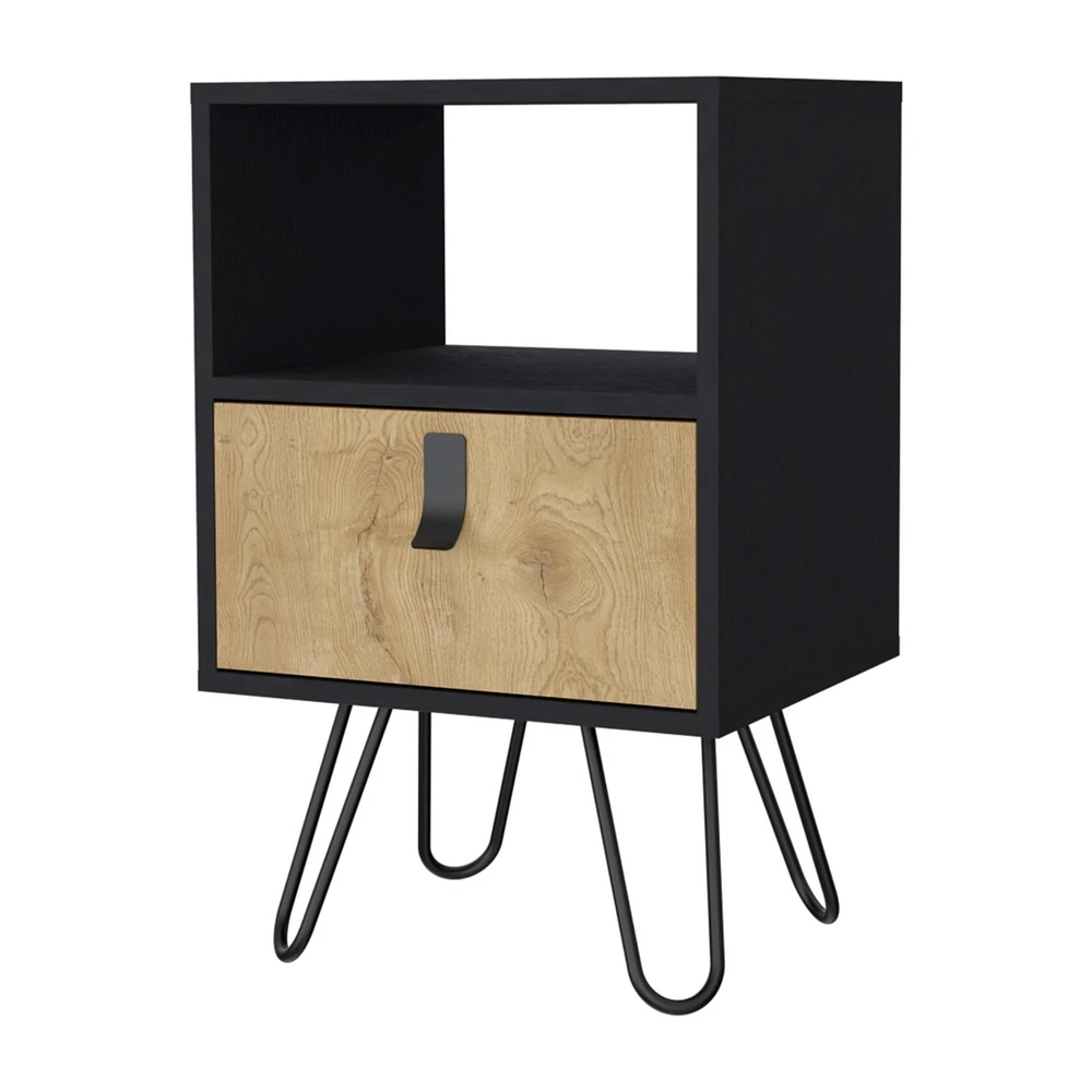 Fm Furniture Kimball Nightstand, Ample Storage Design with Hairpin Legs, Drawer an Open Shelf