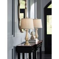 Becky Traditional Table Lamps 24.75" High Set of 2 Antique Brass Gold Metal Beige Tapered Drum Shade Decor for Living Room Bedroom House Bedside