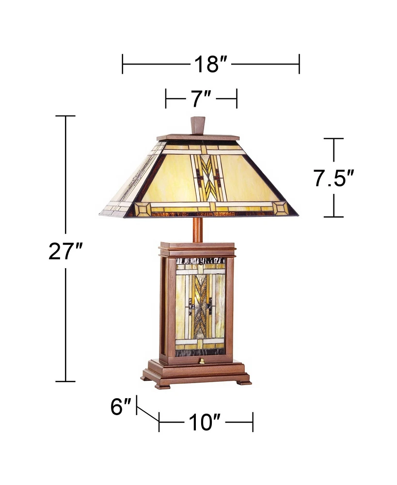 Walnut Mission Collection Rustic Table Lamp with Nightlight 27" Tall Wood Base Tiffany Style Antique Stained Art Glass Shade for Living Room Bedroom H