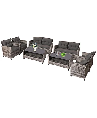8PCS Patio Rattan Furniture Set Coffee Table Cushioned Sofa Garden Lawn Gray