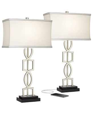 Evan Modern Table Lamps 28 1/2" Tall Set of 2 with Usb Charging Port Brushed Nickel Silver White Rectangular Shade for Bedroom Living Room House