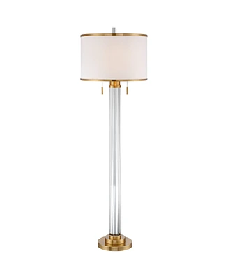 Possini Euro Design Cadence Modern Luxe Art Deco Floor Lamp Standing 62" Tall Satin Brass Gold Metal Crystal Glass Column Linen Drum Shade Decor for L