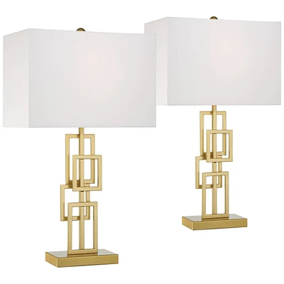 360 Lighting Golden Mid Century Modern Table Lamps 26" Tall Set of 2 Brushed Gold Open Grid Metal White Rectangular Shade for Bedroom Living Room Hous