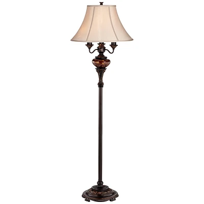Barnes and Ivy Traditional Standing Floor Lamp Multi 4-Light 63" Tall Antique Bronze Copper Gold Tortoise Glass Font Fabric Bell Shade Candelabra Deco