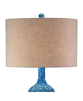 Mid Century Modern Style Table Lamp with Table Top Dimmer 36" Tall Teal Glaze Ceramic Tan Linen Drum Shade for Living Room Bedroom House Bedside