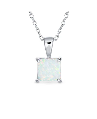 Bling Jewelry Dainty 4 Prong Set 1.25 Ct Solitaire Square Princess Cut White Synthetic Opal Pendant Necklace Sterling Silver