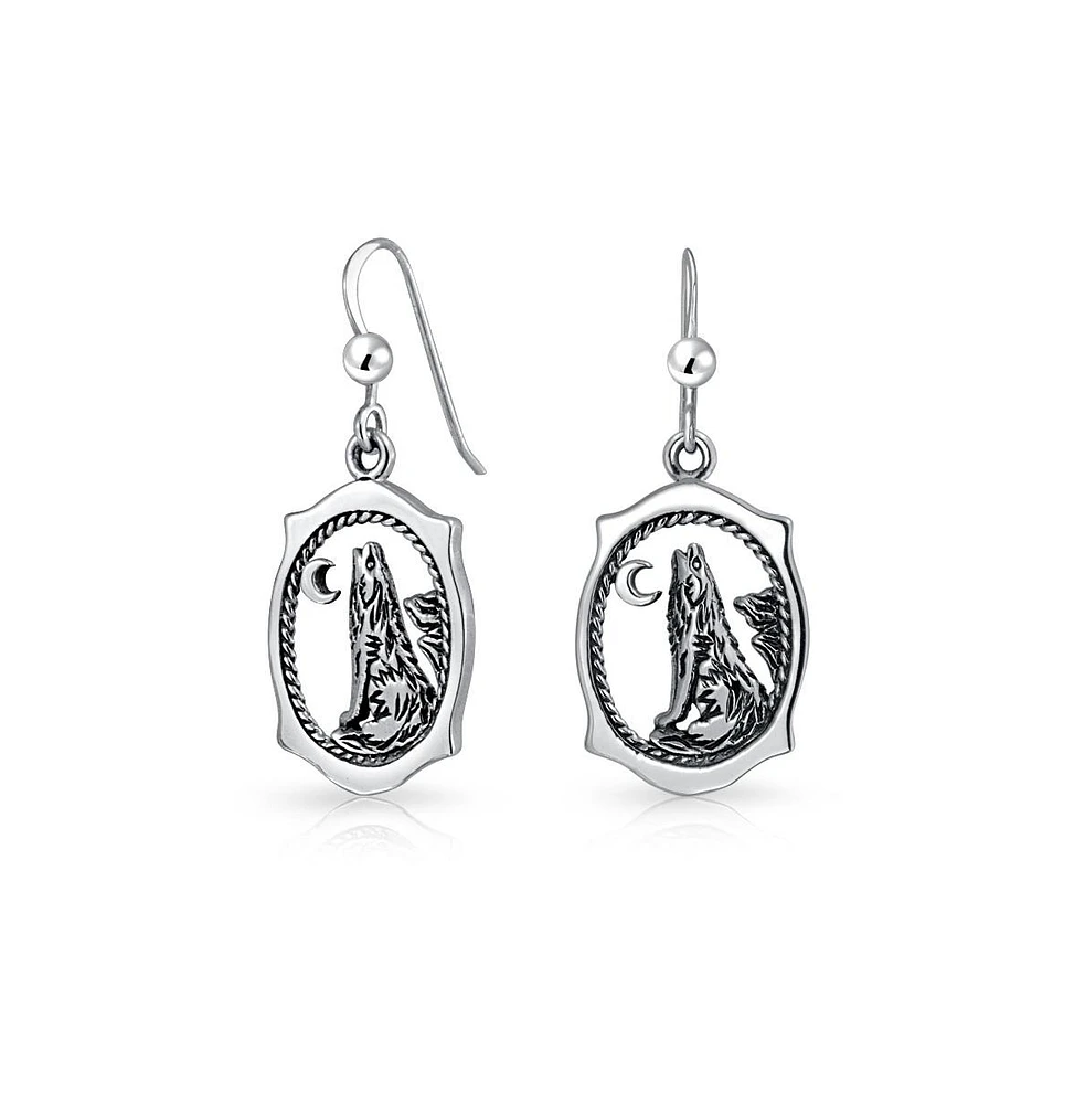 Bling Jewelry Oval Animal Totem Amulet Wicca Jewelry Crescent Moon And Stars Werewolf Celestial Howling Wolf Dangling Earrings Oxidized Sterling Silve