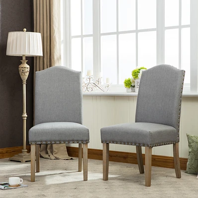 Urban Style Solid Wood Nailhead Grey Fabric Padded Parson Chair, Set of 2