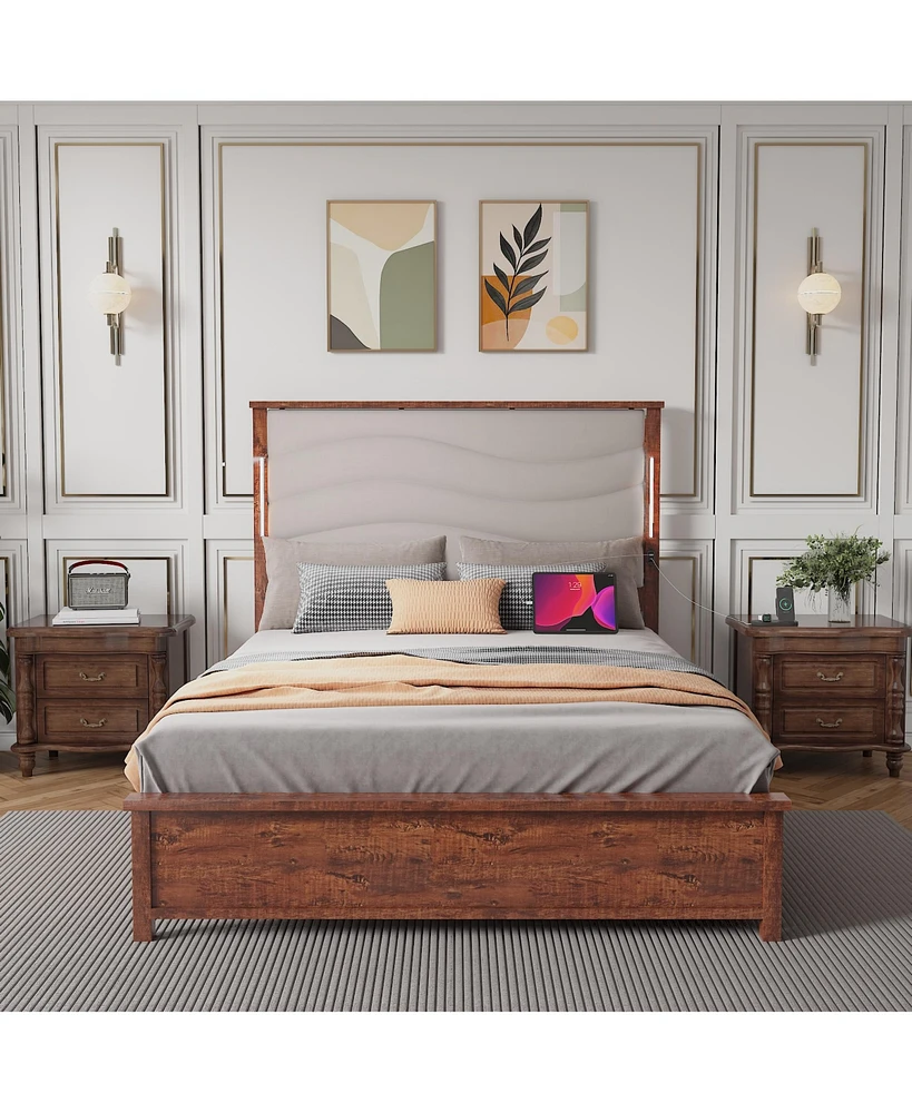 King Size Bed Frame with Upholstered Headboard, King Bed Frame with Charging Station and Led Lights, Wood Slats, Beige Linen, No Box Spring Needed, Ea