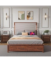 King Size Bed Frame with Upholstered Headboard, King Bed Frame with Charging Station and Led Lights, Wood Slats, Beige Linen, No Box Spring Needed, Ea