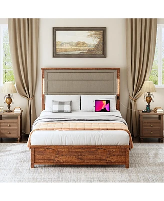 Queen Size Bed Frame with Upholstered Headboard, Queen Bed Frame with Charging Station and Led Lights, Wood Slats, Dark Gray Linen, No Box Spring Need
