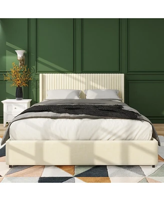 Anna Patented 2-Drawer Storage Bed Queen Size Ivory Velvet Upholstered Wingback Platform Bed, Modern Design Headboard with Tight Channel, Wooden Slat
