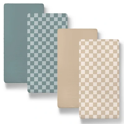 The Peanutshell Cheerful Check Cotton Jersey 4 Pack Bassinet Sheets