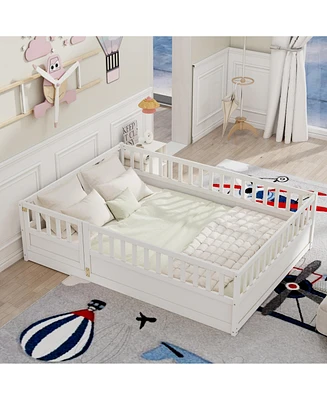 Full size Floor bed, integral construction with super high security barrier, door, children's floor bed frame, Montessori wooden children's floor bed,