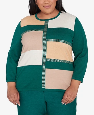Alfred Dunner Plus Size Emerald Isle Colorblock Gold Trim Sweater