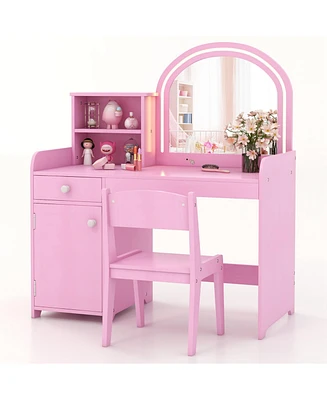 Kid Vanity Table Chair Set 2-Color Led Lights Large Drawer Shelf Cabinet