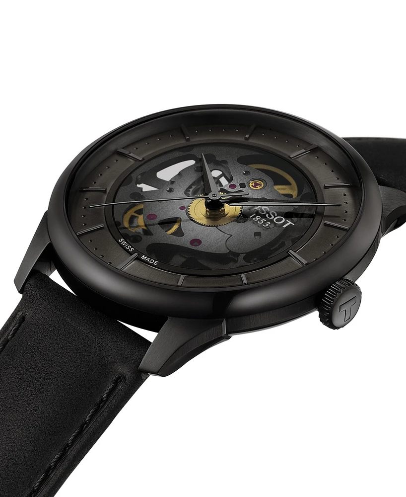 Tissot Men's Swiss Automatic Chemin Des Tourelles Skeleton Black Leather Strap Watch 40mm