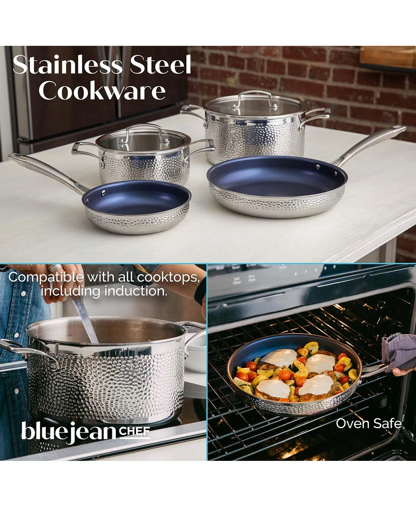 Blue Jean Chef -Piece Stainless Steel Cookware Set, Hammered Finish, Tri-Ply Construction Clad Cookware, Nonstick Induction