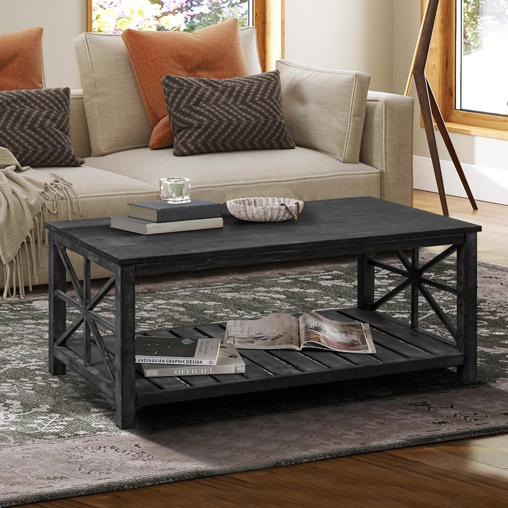 Spacious Antique Coffee Table with Open Shelving for Storage and Display