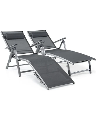 Gymax 2PCS Patio Lounge Chair Rustproof Aluminum Folding Chaise w/ Adjustable Backrest & Footrest