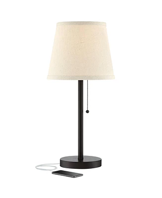 Flesner Modern Desk Table Lamp with Hotel Style Usb and Ac Power Outlet in Base 20" High Bronze Metal Oatmeal Drum Shade for Living Room Bedroom House