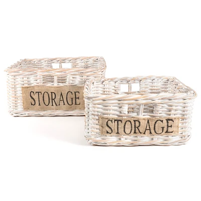 Jonathan Y Reed Southwestern Hand-Woven Rattan Nesting Baskets with Handles, White Wash/Kubu Gray (Set of 2)