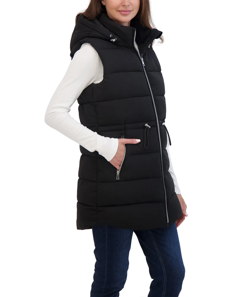 Sebby Collection Women's 3/4 Hooded Stretch Puffer Vest With Drawstring Waist