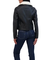Sebby Collection Women's s Faux Leather Moto Jacket With Detachable Faux Fur Collar