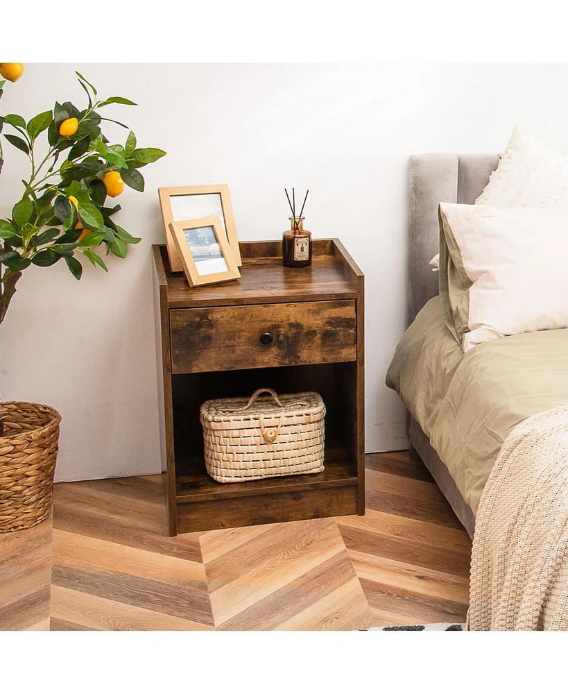 Set of 2 Nightstand with Drawer Cabinet End Side Table Raised Top