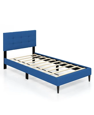 Sugift Twin Size Upholstered Platform Bed with with Button Tufted Linen Fabric Headboard