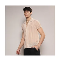 Men's White & Brown Unbalanced Striped Shirt