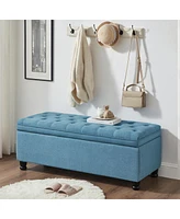 Button Tufted Storage Bench - Light Blue Linen